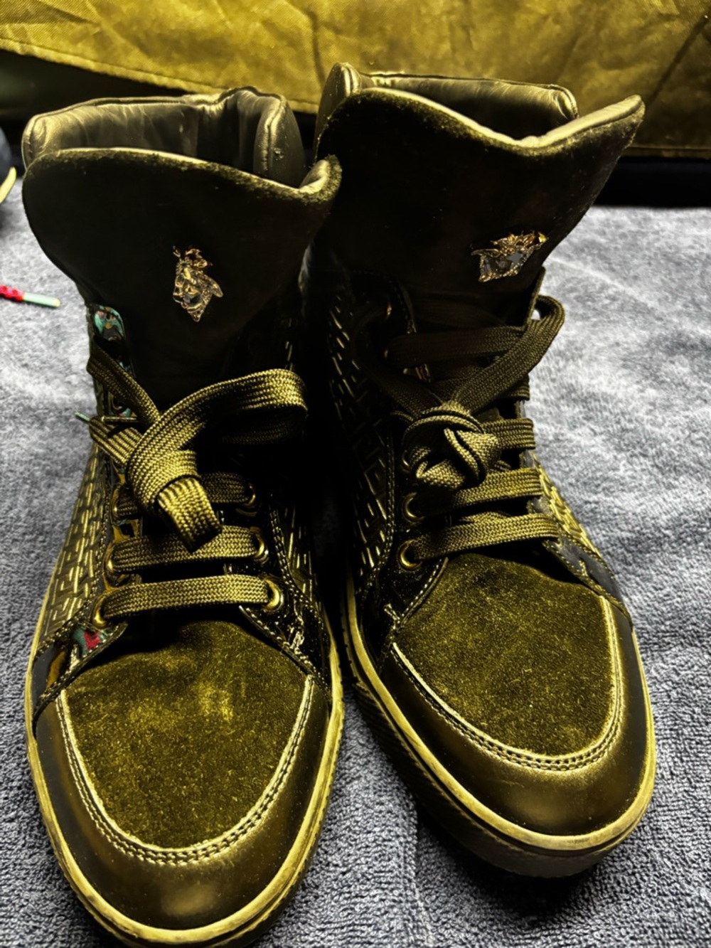 Versace Black Velvet High-Top Sneakers with Gold Medusa Accents